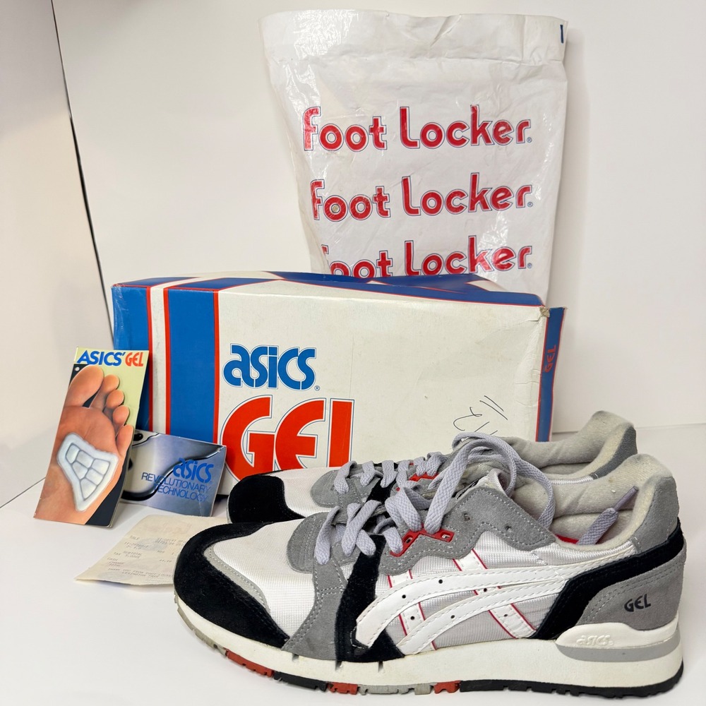 Vintage Asics GEL Sneakers Silver Grey Black Red Retro Running Shoes Mens 9 Box